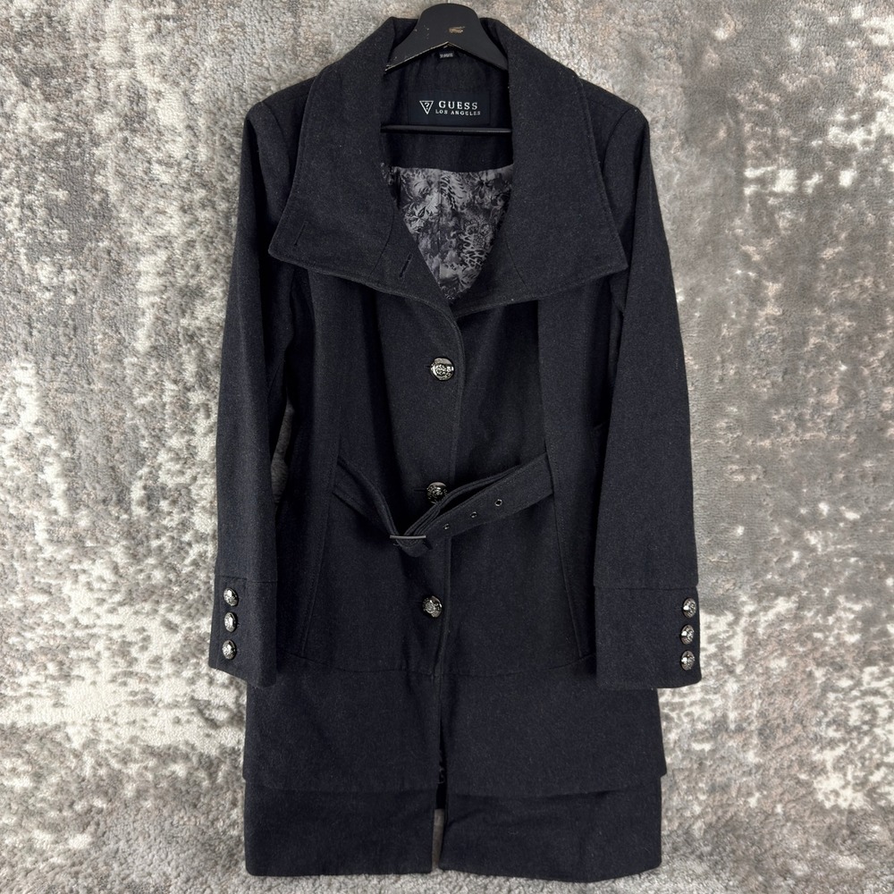 Guess Size XL Wool Blend Belted Ruffle Hem Peacoat Trench Coat Dark Gray Women